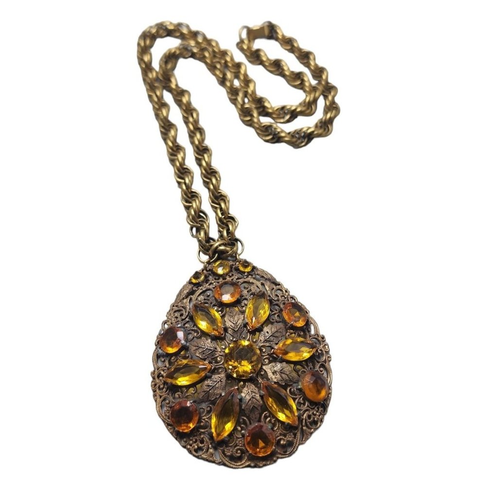 Antique Huge Art Deco Glass Stone Pendant On Heavy Rope Chain Necklace (A3082)
